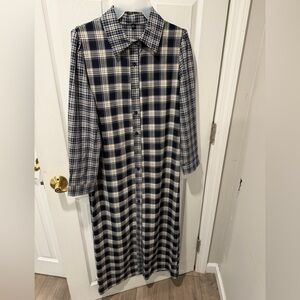 Navy and Cream Plaid Long Button-Up Dress
